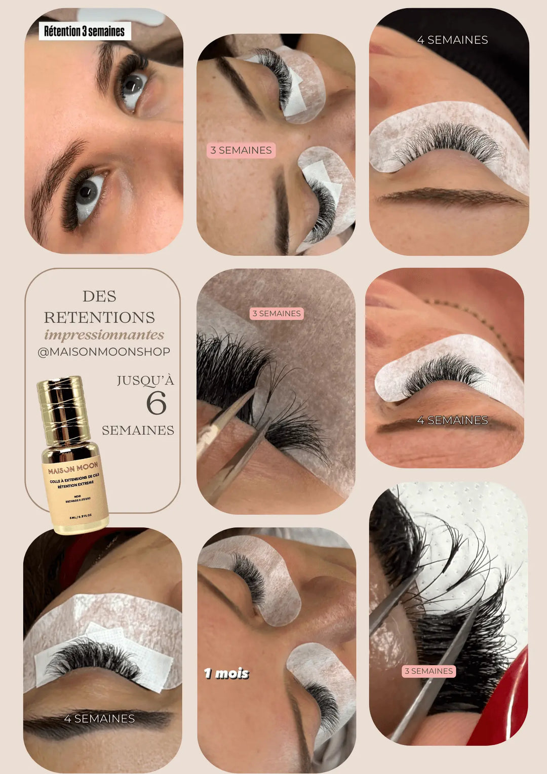 Tenue d'extensions de cils sur les clientes avec la colle retention extreme Maison Moon pour technicienne de cils professionnelle d'extensions de cils